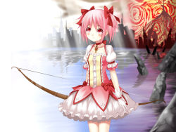 Rule 34 | 10s, 1girl, blush, bow, bow (weapon), choker, cityscape, dress, dual persona, frills, frown, gloves, hair ribbon, jewelry, kaname madoka, kriemhild gretchen, mahou shoujo madoka magica, mahou shoujo madoka magica (anime), pink hair, puffy sleeves, red eyes, ribbon, setona (daice), short hair, short twintails, spoilers, tears, twintails, water, weapon, white gloves