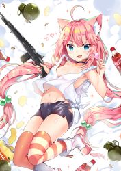 Rule 34 | 1girl, ahoge, animal ear fluff, animal ears, armpits, asymmetrical legwear, bike shorts, blue eyes, boots, bottle, breasts, candy, cat ears, chips (food), choker, cola, explosive, fang, food, grenade, gun, hair bobbles, hair ornament, highres, hinata channel, jumping, legs up, lollipop, long hair, low twintails, midriff, mismatched legwear, navel, nekomiya hinata, no bra, open mouth, orange thighhighs, pink hair, potato chips, rifle, shell casing, short shorts, shorts, small breasts, solo, striped clothes, striped thighhighs, thighhighs, torn bike shorts, torn clothes, twintails, usagihime, very long hair, vest, virtual youtuber, weapon, white footwear, white vest, wind, wind lift, zipper