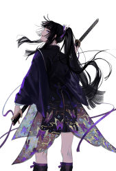 Rule 34 | 1boy, animal print, black hair, black shorts, black socks, blunt bangs, blunt ends, butterfly print, feet out of frame, floating hair, from behind, highres, holding, holding sword, holding weapon, japanese clothes, katana, kazari tayu, kneehighs, legs apart, light particles, long hair, long sleeves, looking at viewer, looking back, male focus, original, ponytail, profile, purple eyes, purple ribbon, ribbon, see-through, shorts, sidelocks, simple background, smile, socks, solo, standing, straight hair, sword, very long hair, weapon, white background