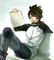 Rule 34 | 10s, 1boy, brown hair, fudou akio, green eyes, inazuma eleven (series), inazuma eleven go, inazuma eleven go galaxy, jacket, long hair, male focus, aged up, open mouth, resistance japan, sitting, solo, track jacket, warmwind