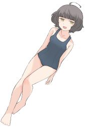 Rule 34 | 1girl, absurdres, ahoge, barefoot, blue one-piece swimsuit, blunt bangs, brown hair, commentary request, full body, highres, kantai collection, kishinami (kancolle), looking at viewer, new school swimsuit, one-piece swimsuit, school swimsuit, short hair, simple background, smile, solo, swimsuit, toplow, wavy hair, white background, yellow eyes