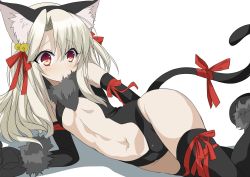 Rule 34 | 1girl, animal ears, animal hands, arm behind back, bell, black gloves, black leotard, black thighhighs, blush, cat ears, cat tail, center opening, dangeroes beast (illya), elbow gloves, fake animal ears, fate/kaleid liner prisma illya, fate (series), flat chest, gloves, groin, hair ornament, highres, illyasviel von einzbern, jingle bell, leotard, long hair, lying, navel, official alternate costume, on side, paw gloves, paw shoes, platinum blonde hair, red eyes, ribbon, shimejinameko, shoes, solo, tail, thighhighs, white hair