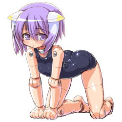 Rule 34 | 10s, 1girl, all fours, bad id, bad pixiv id, busou shinki, dd (ijigendd), doll joints, female focus, full body, joints, partio, purple eyes, purple hair, short hair, simple background, solo, swimsuit, white background
