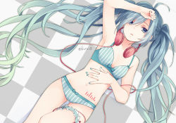 Rule 34 | 1girl, aqua eyes, aqua hair, bikini, bow, bow bra, bow panties, bra, cable, checkered background, checkered floor, from above, gradient hair, graphic equalizer, hand on forehead, hand on own stomach, hatsune miku, headphones, headphones around neck, knee up, kuroi (liar-player), leg ribbon, long hair, looking at viewer, lying, multicolored hair, on back, panties, ribbon, solo, stomach tattoo, striped bikini, striped bra, striped clothes, striped panties, swimsuit, tattoo, thigh ribbon, twintails, twitter username, underwear, very long hair, vocaloid