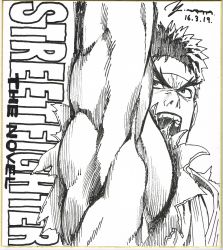 Rule 34 | 1boy, absurdres, arm above head, copyright name, dated, frown, greyscale, hand up, headband, highres, male focus, monochrome, motion blur, murata yuusuke, muscular, open mouth, punching, ryu (street fighter), scan, signature, solo, street fighter, street fighter the novel, traditional media