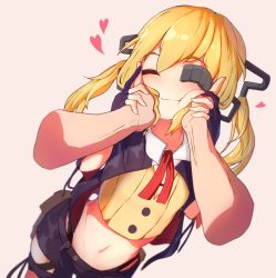 Rule 34 | 1girl, absurdres, black gloves, black jacket, black shorts, blonde hair, blush, cheek squash, closed eyes, disembodied hand, eyepatch, girls&#039; frontline, gloves, hair ornament, heart, highres, jacket, llpfmfc, long hair, midriff, navel, partially fingerless gloves, pink background, red neckwear, shirt, short shorts, shorts, simple background, skorpion (girls&#039; frontline), smile, twintails, wavy mouth, yellow shirt