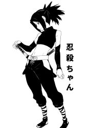 Rule 34 | 1girl, ayame (tenchuu), bare shoulders, black hair, closed mouth, crop top, dual wielding, foot out of frame, greyscale, highres, hip vent, holding, midriff, monochrome, ninja, ponytail, short sword, simple background, sleeveless, solo, sword, tenchuu, toes, wang kei kobayashi, weapon, white background