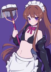Rule 34 | 1girl, absurdres, aikatsu! (series), apron, bikini, bikini top only, black bikini, black skirt, bow, bowtie, breasts, brown hair, closed mouth, collarbone, commentary request, cowboy shot, hand up, highres, holding, holding mop, long hair, looking at viewer, maid, maid apron, maid headdress, mop, navel, purple background, purple bow, purple bowtie, purple eyes, shibuki ran, shrug (clothing), simple background, skirt, small breasts, solo, swimsuit, uhouhogorigori, very long hair, white apron