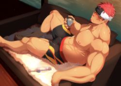 Rule 34 | 1boy, abs, alternate costume, bara, bare pectorals, black male swimwear, blue male swimwear, bulge, crow (siranui), facial hair, facial scar, foot out of frame, goatee, green eyes, gyee, headband, highres, large pectorals, looking at viewer, male focus, male swimwear, mature male, muscular, muscular male, musso (gyee), navel, nipples, pectorals, red hair, scar, scar on cheek, scar on face, short hair, sideburns, sitting, solo, stomach, swim briefs, thighs