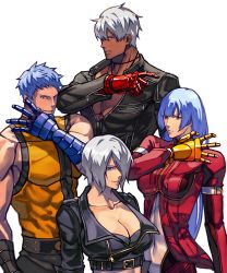 Rule 34 | 2boys, 2girls, angel (kof), blue eyes, blue gloves, blue hair, blunt bangs, bra, breasts, cleavage, cropped jacket, gloves, hair over one eye, highres, jacket, k&#039; (kof), k9999, kula diamond, large breasts, leather, leather jacket, long hair, looking at viewer, mexico, multiple boys, multiple girls, red eyes, red gloves, short hair, snk, standing, strapless, strapless bra, syachiiro, the king of fighters, the king of fighters 2001, underwear, white background, yellow gloves