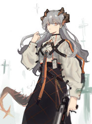 Rule 34 | 1girl, arknights, belt, black skirt, chest strap, closed mouth, commentary, cross, dragon horns, dragon tail, earrings, feet out of frame, frown, hand in own hair, hand up, high-waist skirt, highres, horns, id card, jewelry, long hair, long sleeves, looking at viewer, orange eyes, saria (arknights), shirt, shisi (qh19984), silver hair, simple background, skirt, solo, stud earrings, syringe gun, tail, trigger discipline, white background, white shirt