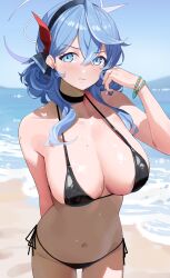 Rule 34 | 1girl, absurdres, ako (blue archive), alternate costume, arm behind back, beach, bead bracelet, beads, bikini, black bikini, black choker, blue archive, blue eyes, blue hair, blue hairband, blue sky, blush, bracelet, breasts, choker, closed mouth, collarbone, commentary, crossed bangs, day, haerge, hair between eyes, hairband, halo, hand up, highres, jewelry, large breasts, looking at viewer, medium hair, navel, ocean, outdoors, revision, side-tie bikini bottom, sky, solo, stomach, swimsuit, v-shaped eyebrows, wet
