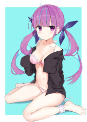 Rule 34 | 1girl, ahoge, bare shoulders, barefoot, black jacket, bra, braid, breasts, bridal garter, cleavage, collarbone, colored inner hair, frills, front-tie bra, front-tie top, hair ribbon, has bad revision, has cropped revision, highres, hololive, jacket, long hair, long sleeves, looking at viewer, md5 mismatch, medium breasts, minato aqua, multicolored hair, navel, off shoulder, open clothes, open jacket, panties, pink bra, purple eyes, purple hair, resolution mismatch, ribbon, side-tie panties, sitting, sleeves past fingers, sleeves past wrists, solo, source smaller, stomach, streaked hair, string bra, thighs, twintails, two-tone hair, underwear, untied panties, virtual youtuber, wariza, white panties, zhiyou ruozhe