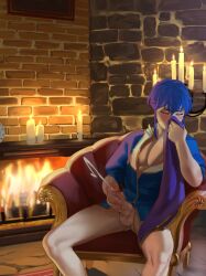 Rule 34 | 1boy, athos (athosart), blue hair, blue pubic hair, blush, bottomless, candle, chair, closed eyes, clothed masturbation, commission, commissioner upload, cum, erection, fire emblem, fire emblem: genealogy of the holy war, fireplace, headband, male masturbation, masturbation, nintendo, pectoral cleavage, pectorals, penis, seliph (fire emblem), smelling, smelling clothes, solo, steam, testicles