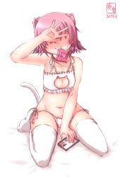 Rule 34 | 10s, 1girl, artist name, blush, bra, cat cutout, cat ear panties, clothing cutout, condom, condom in mouth, covering own eyes, dated, frilled bra, frills, highres, kanon (kurogane knights), kantai collection, kunashiri (kancolle), meme attire, mouth hold, nose blush, panties, pink hair, seiza, short hair, side-tie panties, sitting, smile, solo, thighhighs, two side up, underwear, underwear only, white background, white bra, white panties, white thighhighs