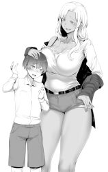 Rule 34 | 1boy, 1girl, age difference, belt, bra strap, breasts, child, collarbone, collared shirt, cowboy shot, ear piercing, fangs, gyaru, hand in pocket, hand on another&#039;s head, height difference, highres, large breasts, long hair, monochrome, nakamura regura, off shoulder, onee-shota, original, piercing, shirt, shorts, skin fangs, tan