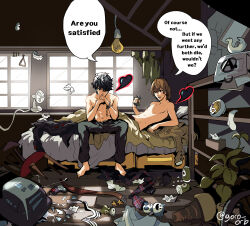 Rule 34 | 2boys, akechi gorou, amamiya ren, barefoot, bedroom, black hair, broken handcuffs, brown hair, chair, electric fan, english text, full body, goro orb, hair between eyes, health bar, highres, jack frost (megami tensei), knocked over, light bulb, loaded interior, male focus, messy room, multiple boys, on bed, open clothes, own hands together, persona, persona 5, persona 5 the royal, red eyes, shelf, short hair, sitting, speech bubble, tissue box, topless male, twitter username, unworn clothes, window, yaoi