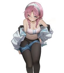 Rule 34 | 1girl, absurdres, arknights, blue poison (arknights), blue poison (shoal beat) (arknights), blue shorts, blush, bra, braid, breasts, choker, cleavage, closed mouth, commentary, earrings, grey eyes, highres, jacket, jewelry, large breasts, looking at viewer, low twin braids, off shoulder, official alternate costume, panties, panties under pantyhose, pantyhose, pink choker, pink hair, roupo99, shorts, simple background, solo, sports bra, twin braids, underwear, undressing, white background, white bra, white hair, white jacket