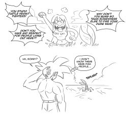 Rule 34 | 1boy, 1girl, angry, black eyes, breasts, chi-chi (dragon ball), comic, dragon ball, fins, fish tail, funsexydb, greyscale, hand on own head, large breasts, long hair, mermaid, monochrome, monster girl, monsterification, muscular, muscular male, name on shirt, navel, raised fist, scales, shouting, son goku, spiked hair, tail, topless male