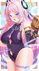 1girl absurdres beer_mug black_leotard black_sleeves blue_eyes blush braid breasts citlali_(genshin_impact) cup diamond_cutout facial_mark floating_hair_ornament forehead_mark genshin_impact hair_ornament highres holding holding_cup kuro_(blackpgmickey) large_breasts leotard long_hair long_sleeves looking_at_viewer mug navel open_mouth pink_hair pink_pupils ring_hair_ornament solo triangle triangle_facial_mark twin_braids