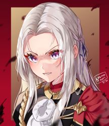 Rule 34 | 1girl, artist name, black jacket, blue ribbon, brown background, clenched teeth, commentary, dated, edelgard von hresvelg, fire emblem, fire emblem: three houses, forehead, grey hair, hair ribbon, jacket, kobutanori, long hair, looking at viewer, nintendo, parted bangs, purple eyes, red background, red shirt, ribbon, shirt, solo, teeth, two-tone background, upper body