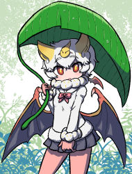 Rule 34 | 1girl, animal ears, bat ears, bat girl, bat wings, bodystocking, bow, bowtie, chibi, day, eyelashes, fang, fur-trimmed sleeves, fur-trimmed sweater, fur collar, fur trim, giant leaf, hair ornament, hand up, head wings, highres, holding, holding leaf, honduran white bat (kemono friends), kemono friends, kotobuki (tiny life), leaf, leaf umbrella, long sleeves, looking at viewer, medium hair, microskirt, outdoors, outstretched arm, parted lips, plaid, plaid skirt, red eyes, skirt, solo, sweater, water drop, wet, white hair, wings, yellow pupils
