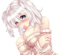 Rule 34 | 10s, 1girl, bad id, bad pixiv id, bare shoulders, blue eyes, blush, breast hold, breasts, bursting breasts, cleavage, condom, condom in mouth, condom wrapper, crossed arms, heart, kantai collection, kashima (kancolle), large breasts, looking at viewer, mouth hold, re:ia, short hair, silver hair, simple background, solo, twintails, white background