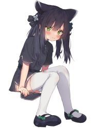 Rule 34 | 1girl, aged down, animal ears, black hair, blue archive, blush, chinese clothes, commentary request, eip (pepai), full body, green eyes, hair ribbon, long hair, ribbon, shoes, shun (blue archive), shun (small) (blue archive), simple background, sitting, thighhighs, twintails, white background, white thighhighs