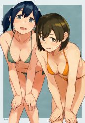 Rule 34 | 2girls, banned artist, bikini, black hair, border, breasts, brown eyes, brown hair, cleavage, collarbone, commentary request, feet out of frame, green bikini, grey eyes, hair between eyes, hair ribbon, halterneck, hands on own knees, hiryuu (kancolle), kantai collection, leaning forward, looking at viewer, makio (makiomeigenbot), medium breasts, multiple girls, navel, open mouth, orange bikini, ribbon, short hair, side-tie bikini bottom, signature, simple background, smile, souryuu (kancolle), standing, string bikini, swimsuit, thigh gap, twintails