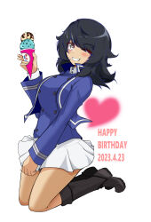 Rule 34 | 1girl, absurdres, andou (girls und panzer), baskin-robbins, bc freedom military uniform, birthday, black eyes, black footwear, black hair, blue jacket, blue vest, boots, commentary, dark-skinned female, dark skin, dated, dress shirt, english text, floating, food, girls und panzer, grin, hair over one eye, happy birthday, high collar, highres, holding, holding food, ice cream cone, jacket, knee boots, legs up, long sleeves, looking at viewer, medium hair, messy hair, military uniform, miniskirt, pleated skirt, shibainutank, shirt, simple background, skirt, smile, solo, uniform, vest, white background, white shirt, white skirt