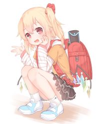 Rule 34 | 1girl, alternate costume, backpack, bag, black skirt, blonde hair, commentary request, fang, flandre scarlet, hair ribbon, highres, long hair, long sleeves, looking at viewer, miniskirt, one side up, open mouth, pointy ears, randoseru, red ribbon, ribbon, sakurea, shoes, simple background, skin fang, skirt, smile, socks, solo, squatting, striped, touhou, waving, white background, white footwear, white socks, wings