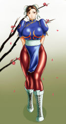 Rule 34 | 1girl, arms behind back, boots, breasts, brown eyes, brown hair, capcom, china dress, chinese clothes, chun-li, double bun, dress, female focus, flower, full body, gradient background, hair bun, large breasts, legs, odango (inka), pantyhose, petals, plant, solo, standing, street fighter, thighs, tree