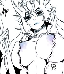 Rule 34 | 1girl, areola slip, breasts, center opening, greyscale, holding, holding weapon, lance, large breasts, league of legends, lowres, mermaid, monochrome, monster girl, nami (league of legends), nipple slip, nipples, polearm, solo, weapon, white background