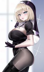 Rule 34 | 1girl, absurdres, black gloves, black leotard, black pantyhose, blonde hair, blue eyes, blush, bob cut, breasts, commentary, from side, gloves, habit, hanasaka houcha, highleg, highleg leotard, highres, large breasts, leotard, looking at viewer, nun, open mouth, original, own hands together, pantyhose, shiny clothes, short sleeves, simple background, smile, solo, thighhighs