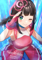 Rule 34 | 1girl, 2023, ;), absurdres, air bubble, aqua eyes, bare shoulders, birthday, black hair, blunt bangs, blush, breasts, brown hair, bubble, caustics, choker, close-up, closed mouth, collarbone, day, dress, english text, fingerless gloves, floating hair, gloves, green eyes, happy birthday, highres, hime cut, horizon, jewelry, kurosawa dia, kyaku tasu, large breasts, lens flare, light rays, long hair, looking at viewer, love live!, love live! school idol festival, love live! sunshine!!, mole, mole under mouth, ocean, one eye closed, parted lips, pink gloves, pool, poolside, salute, sidelocks, sleeveless, small breasts, smile, solo, sparkle, standing, swimsuit, underwater, wading, water