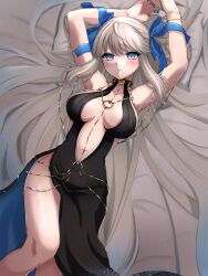 1girl armpits arms_up bare_shoulders bb_(fate) bb_dubai_(fate) bb_dubai_(fate)_(cosplay) belly_chain black_dress blue_eyes blue_ribbon blush bracelet braid braided_hair_rings breasts center_opening cleavage cosplay dress fate/grand_order fate_(series) grey_hair hair_ribbon hair_rings highres jewelry kawairuka_ko large_breasts long_hair looking_at_viewer morgan_le_fay_(fate) navel necklace ponytail ribbon side_slit sidelocks solo thighs twin_braids very_long_hair