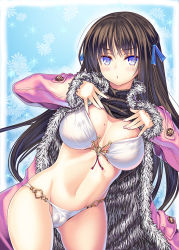 Rule 34 | 1girl, :o, bikini, black hair, blue eyes, blush, breasts, cameltoe, cleavage, coffee cat, covered erect nipples, fur trim, hair ribbon, jacket, large breasts, long hair, looking at viewer, mole, mole on breast, nail polish, navel, o-ring, o-ring bottom, o-ring top, open clothes, open jacket, open mouth, original, plaid, plaid scarf, ribbon, scarf, skindentation, solo, swimsuit, white bikini