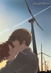 Rule 34 | 2girls, absurdres, alisa (girls und panzer), androgynous, brown hair, character name, contrail, closed eyes, girls und panzer, height difference, highres, hug, kiss, multiple girls, naomi (girls und panzer), oshiri seijin, outdoors, short hair, short twintails, sky, sunset, twintails, upper body, very short hair, wind turbine, windmill, yuri