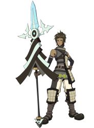 Rule 34 | .hack//, .hack//link, 1boy, albireo, albireo (.hack//), armor, bandai, bare shoulders, boots, brown hair, cyber connect 2, elbow gloves, facial mark, forehead mark, gloves, heterochromia, male focus, official art, polearm, solo, spear, strap, tan, tattoo, weapon