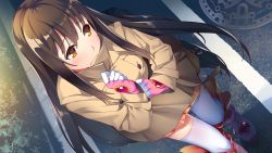 Rule 34 | 1girl, boots, brown coat, brown eyes, brown hair, closed mouth, coat, floating hair, from above, game cg, gloves, hair between eyes, heart, ino (magloid), kagamihara alice, knee boots, long hair, long sleeves, looking away, miniskirt, momoiro closet, night, official art, outdoors, pink footwear, pink gloves, pleated skirt, skirt, solo, standing, straight hair, sweatdrop, thighhighs, two-tone gloves, very long hair, white gloves, white thighhighs, yellow skirt, zettai ryouiki