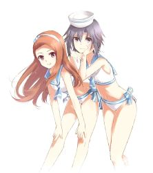 Rule 34 | 2girls, bent over, bikini, black hair, blue bow, blue sailor collar, bow, brown eyes, brown hair, closed mouth, collarbone, floating hair, grin, groin, hair between eyes, hairband, hands on own knees, hat, head rest, idolmaster, idolmaster (classic), kaho (ramb), kikuchi makoto, leaning forward, long hair, looking at viewer, minase iori, multiple girls, navel, sailor bikini, sailor collar, short hair, simple background, smile, striped, striped bow, swimsuit, very long hair, white background, white bikini, white hairband, white headwear