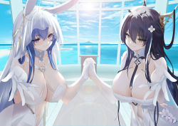 Rule 34 | 2girls, absurdres, altar, animal ears, antlers, azur lane, breasts, bridal veil, cleavage, dress, gloves, hair between eyes, highres, holding hands, horns, indomitable (azur lane), large breasts, long hair, looking at viewer, mengfeng2575 (moekaze), multiple girls, new jersey (azur lane), new jersey (snow-white ceremony) (azur lane), official alternate costume, outstretched arm, rabbit ears, upper body, veil, wedding dress, white dress, white gloves