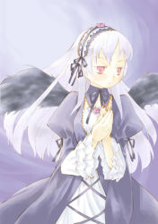 Rule 34 | 00s, 1girl, black dress, black wings, detached collar, dress, frilled sleeves, frills, gem, hairband, jewelry, lolita hairband, long hair, long sleeves, pink eyes, purple background, ring, rozen maiden, silver hair, simple background, solo, suigintou, takano natsuki, upper body, very long hair, wings