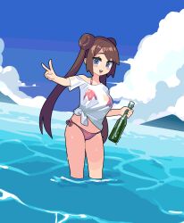 Rule 34 | 1girl, alternate breast size, bikini, blue eyes, blue sky, bottle, breasts, brown hair, chikuwa fan973, cloud, commentary, creatures (company), day, double bun, english commentary, engrish commentary, game freak, hair bun, highres, holding, holding bottle, large breasts, mountain, nintendo, ocean, pink bikini, pokemon, pokemon bw2, rosa (pokemon), see-through, see-through shirt, shirt, side-tie bikini bottom, sky, solo, swimsuit, thong, thong bikini, tied shirt, twintails, v, wading, wet, wet clothes, wet shirt