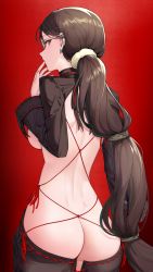 Rule 34 | 1girl, absurdres, ass, back, blush, breasts, brown eyes, brown hair, butt crack, dpea9, earrings, fate/grand order, fate (series), from behind, glasses, highres, jewelry, long hair, long sleeves, medium breasts, multiple earrings, ponytail, red background, revealing clothes, shrug (clothing), simple background, solo, very long hair, yu mei-ren (fate), yu mei-ren (fgo fes. 2022) (fate)