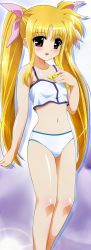 Rule 34 | 00s, 1girl, bardiche (nanoha), bardiche (standby form) (nanoha), blonde hair, blue bra, blue panties, bra, breasts, camisole, fate testarossa, flat chest, highres, lace, lace-trimmed bra, lace trim, lingerie, long hair, long image, lyrical nanoha, mahou shoujo lyrical nanoha, mahou shoujo lyrical nanoha a&#039;s, okuda yasuhiro, panties, small breasts, solo, standing, stomach, tall image, third-party edit, twintails, underwear, underwear only, very long hair