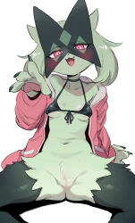 Rule 34 | 1girl, arm support, bikini, bikini top only, black bikini, body fur, breasts, commentary request, creatures (company), furry, furry female, game freak, green fur, jacket, looking at viewer, meowscarada, navel, nintendo, open clothes, open jacket, open mouth, pokemon, pokemon (creature), red eyes, red jacket, simple background, sitting, small breasts, smile, solo, swimsuit, ter (otokoter), white background