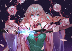 Rule 34 | 1girl, aqua eyes, camisole, character request, copyright request, green camisole, hair between eyes, hakama, hakama skirt, highres, holding, holding sword, holding weapon, japanese clothes, katana, long hair, long sleeves, looking at viewer, off shoulder, petals, pink hair, pink hakama, scabbard, sheath, skirt, solo, sword, vardan, weapon, wide sleeves