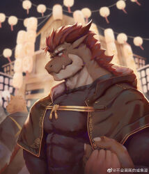 Rule 34 | 3boys, absurdres, alternate facial hair, animal ears, artist request, averting eyes, bara, covered erect nipples, dragon (any), dragon boy, dragon ears, furry, furry male, highres, holding hands, lantern, lantern festival, large pectorals, looking at viewer, male focus, mature male, multiple boys, muscular, muscular male, neilos, original, paper lantern, pectorals, pov, pov hands, red hair, second-party source, shirt, shy, sky lantern, solo focus, taut clothes, taut shirt, thick eyebrows, thick neck, tusks, upper body, yaoi