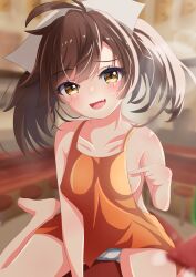 Rule 34 | 1girl, :d, absurdres, apron, arm support, breasts, brown hair, collarbone, fang, happy, head scarf, highres, indoors, lida vv, looking at viewer, medium breasts, messy hair, nearly naked apron, nipple slip, nipples, on ground, open mouth, orange apron, panties, pointing, short hair, sitting, smile, solo, sound voltex, striped clothes, striped panties, underwear, yamashina kanade, yellow eyes